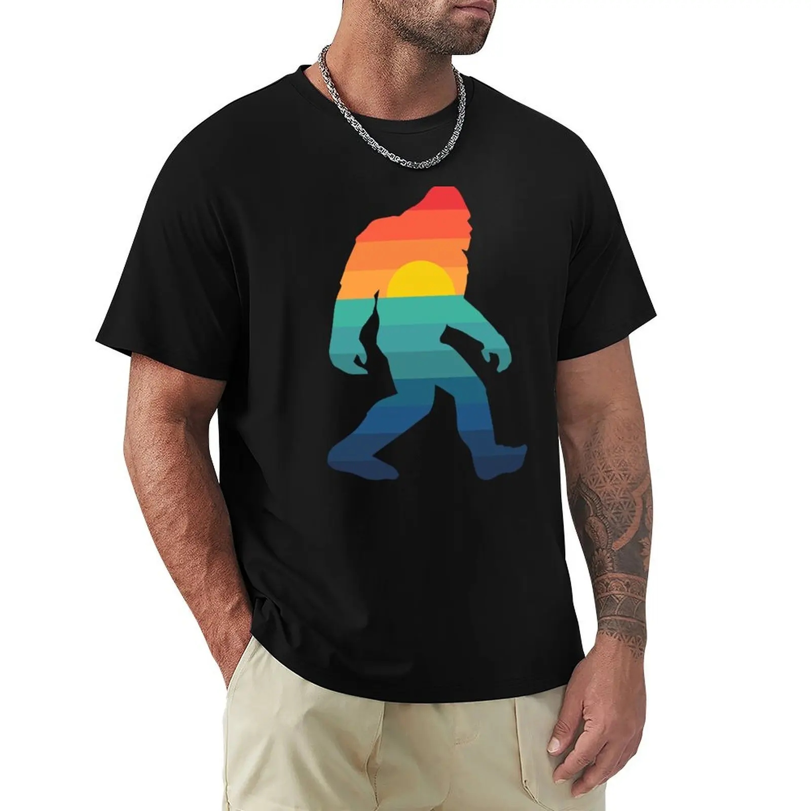 Bigfoot Sasquatch Retro Sunset Silhouette T-Shirt Casual All Match Short Sleeve T-Shirt