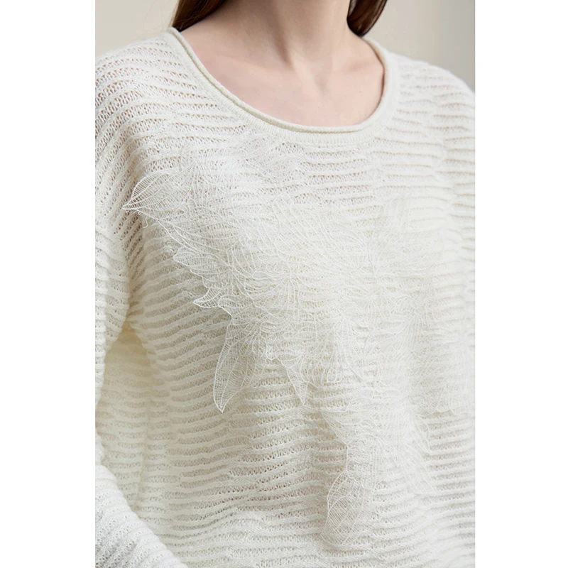 Amii Knitted Pullover 2026 Autumn New Crew Neck Drop Shoulder Sleeves Sweater Women's Lace Patchwork Solid Color Top 12621093