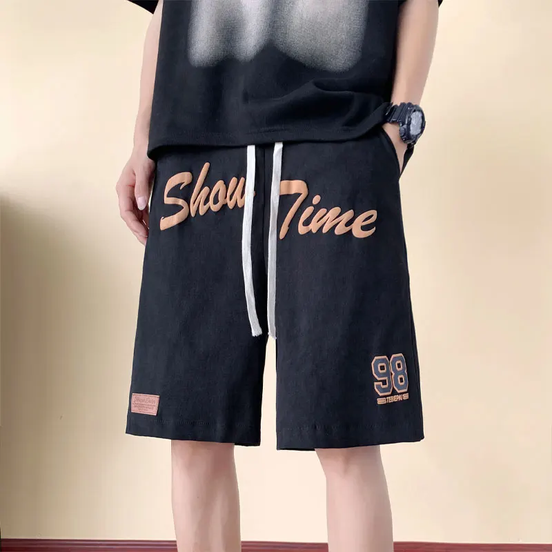 High Street Letter Printed Knee Pants American Retro Mid Waist Elastic Summer Loose Straight Men's Clothing Basic Casual Shorts