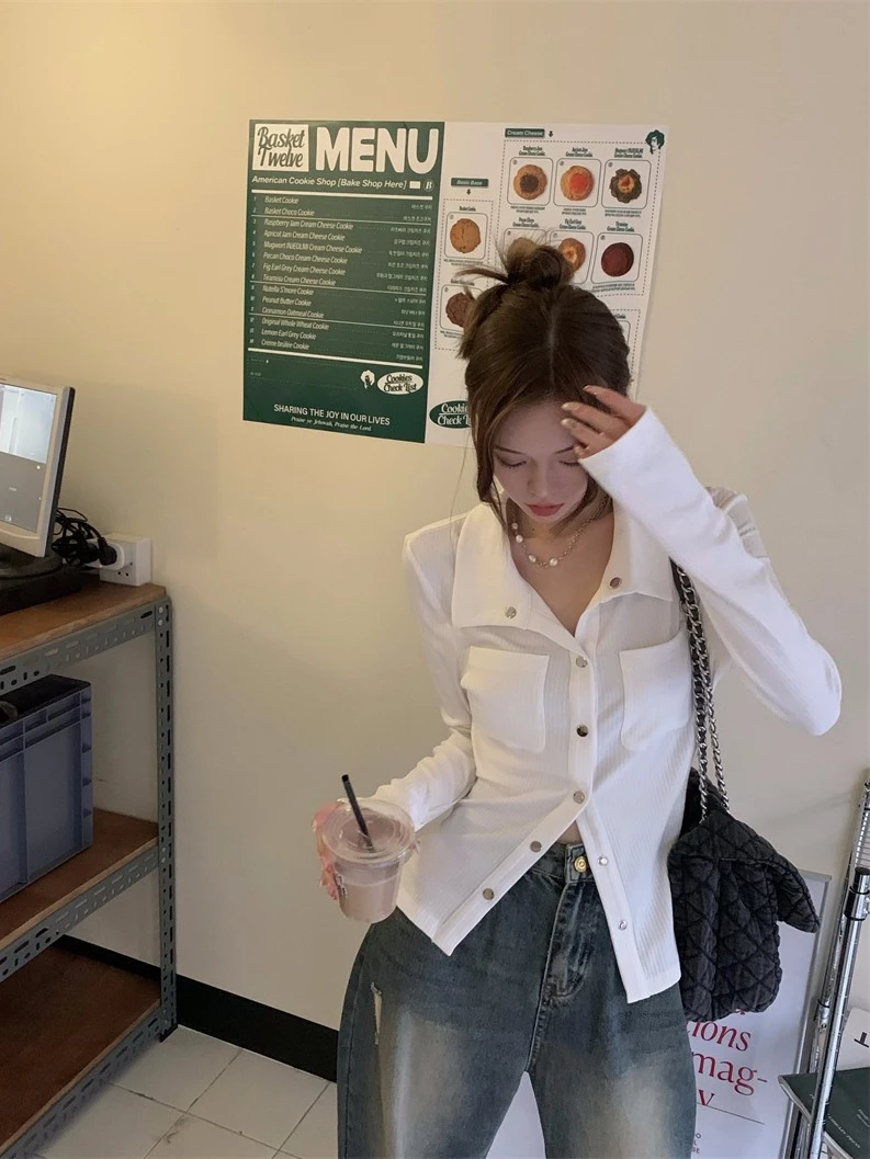 여성용 패셔너블 롱 슬리브 턴다운 칼라 탑 한국 스타일 가을 신상 이너웨어