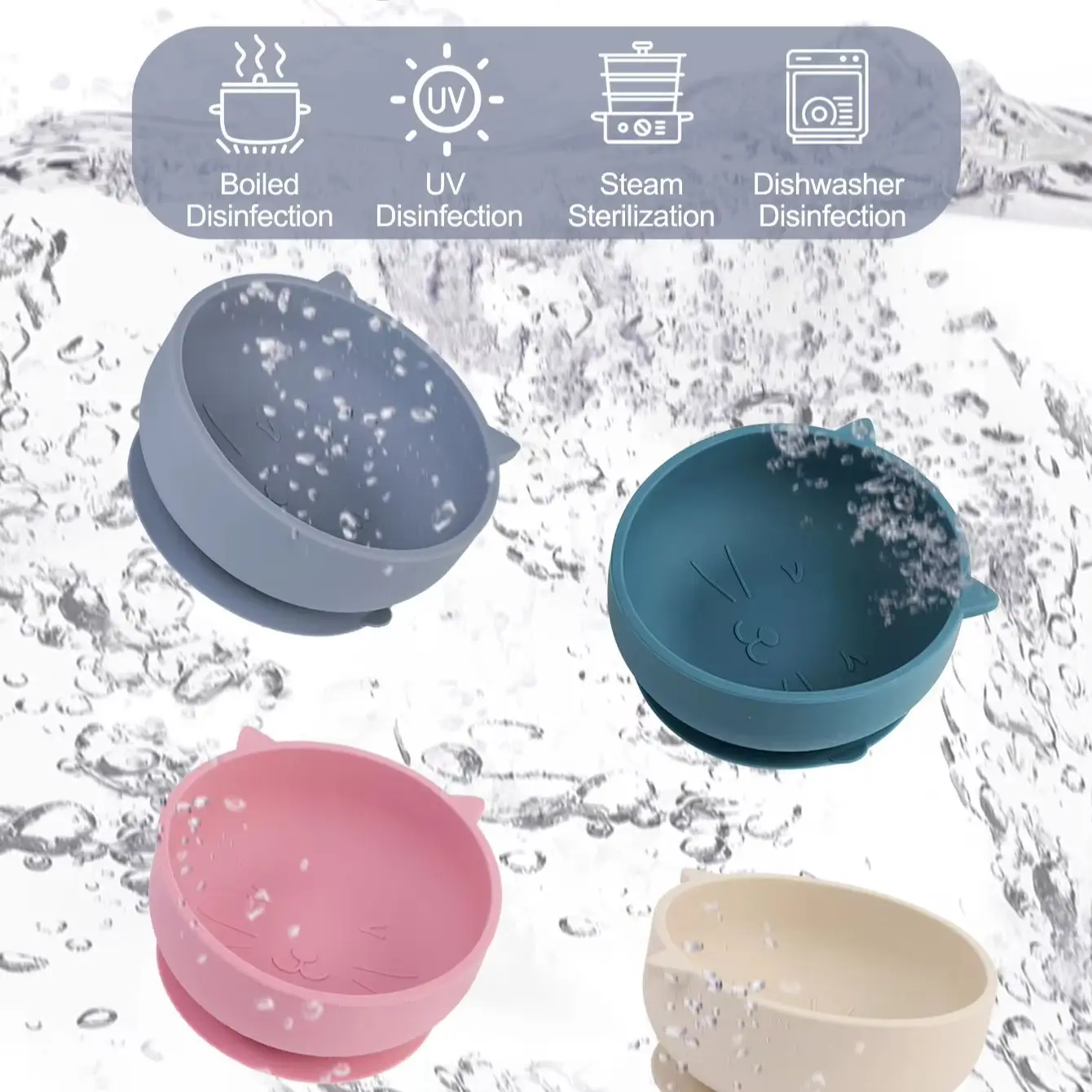 TYRY.HU 1pcs Baby Soft Silicone Sucker Bowl Cute Cat Plate Cup Bibs Spoon Fork Sets Non-slip Tableware Baby Feeding Dishes
