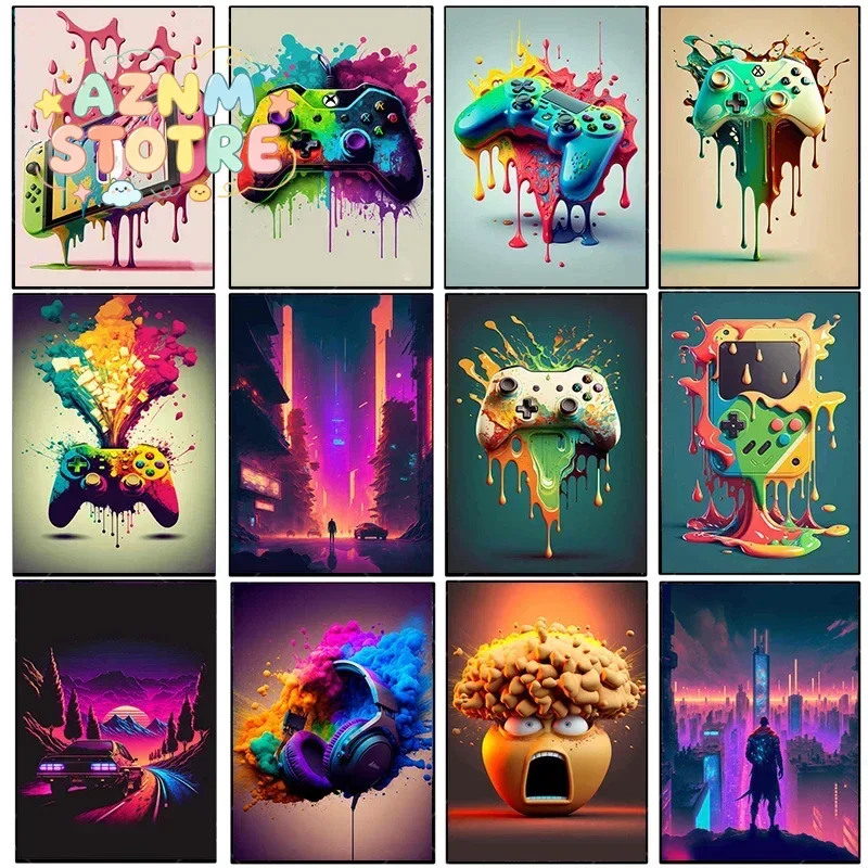 Vintage Canvas Painting Colorful Punk Neon Gamer Controller Cool Gaming Poster for Wall Art Esports Game Kawaii Room Decor