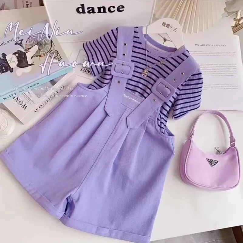 

Girls Summer Set Korean Style Children's Overalls Loose Western Style Striped Bottoming Shirt Two-Piece Set Kids Casual Clothes