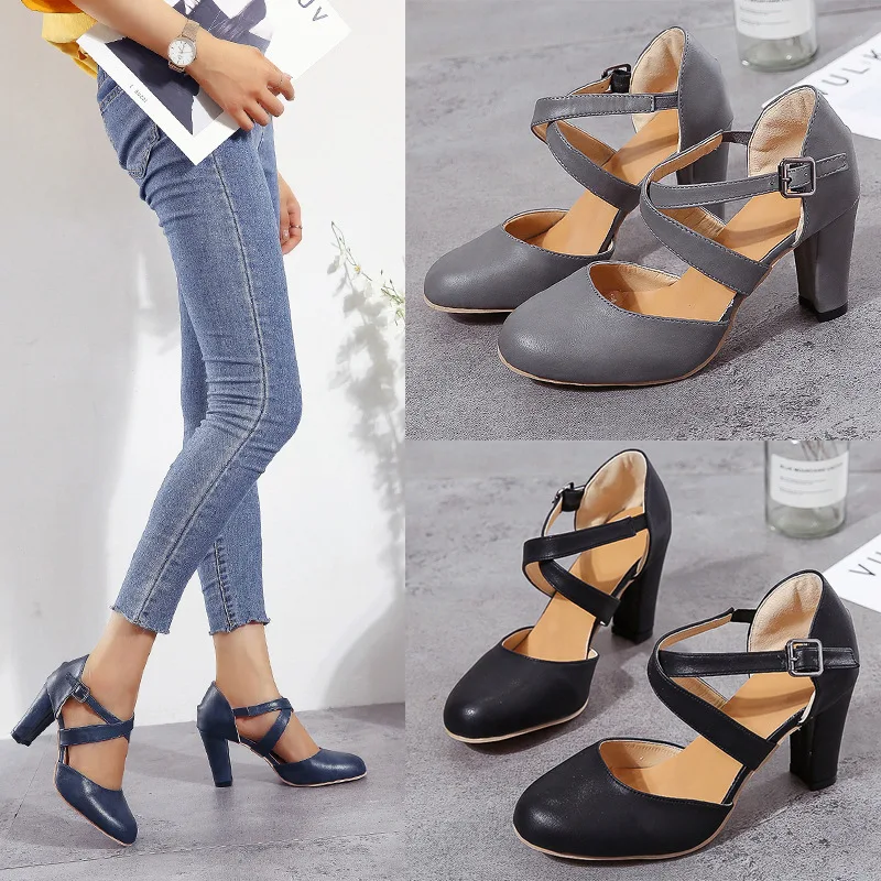 Women High Heels Shoes  Autumn New Round Toe Chunky Heel Casual Platform Women's Shoes Female Belt Buckle view 4