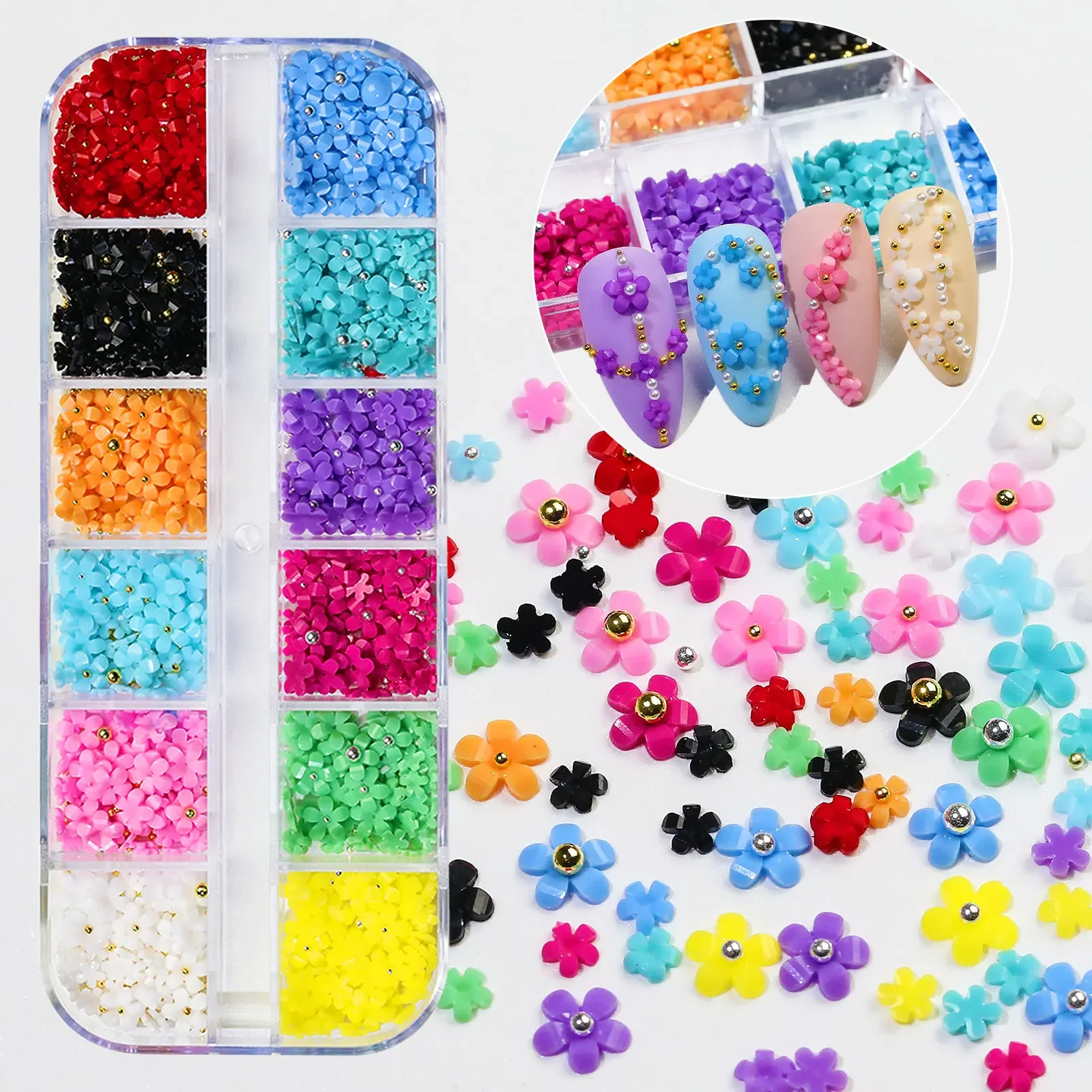 12 Grids 3D Acrylic Flower Nail Parts Decoration Mixed Steel Beads Gems Charms Kawaii Nail Supplies For Professional Accessories