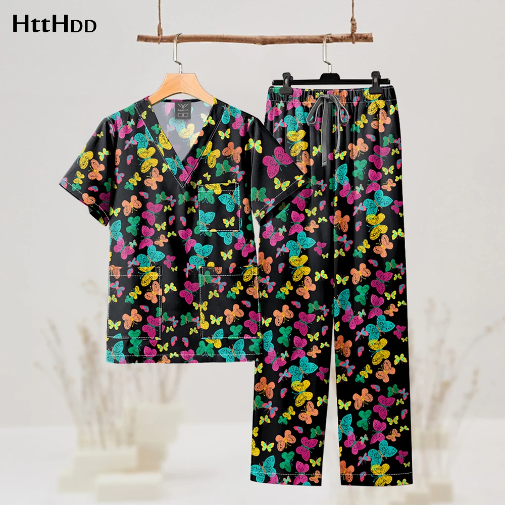 Wholesale Scrub Suit High Quality Nurse Printed Uniform Medical Scrub Spandex Stretch Uniforms Top and Pants Scrubs Set Workwear