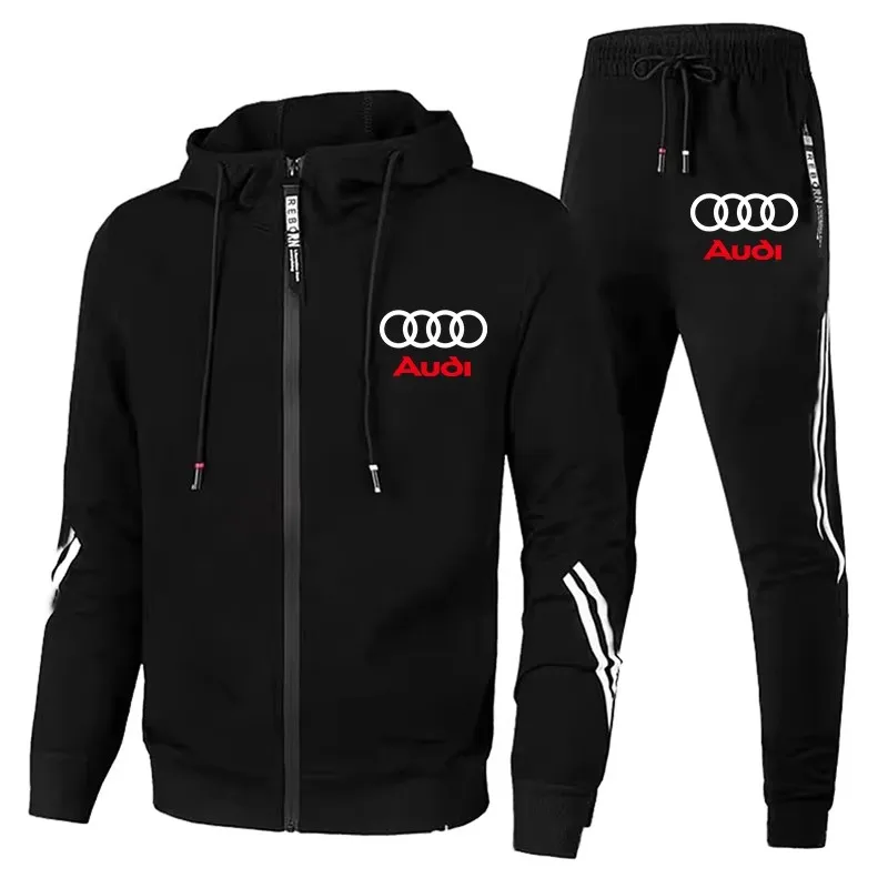 Men\'s Audi Logo Tracksuit Zip Hoodie+Pants 2 Piece Set Casual Fitness Running Sportswear Suit Autumn Winter Coat Hoodie Suit