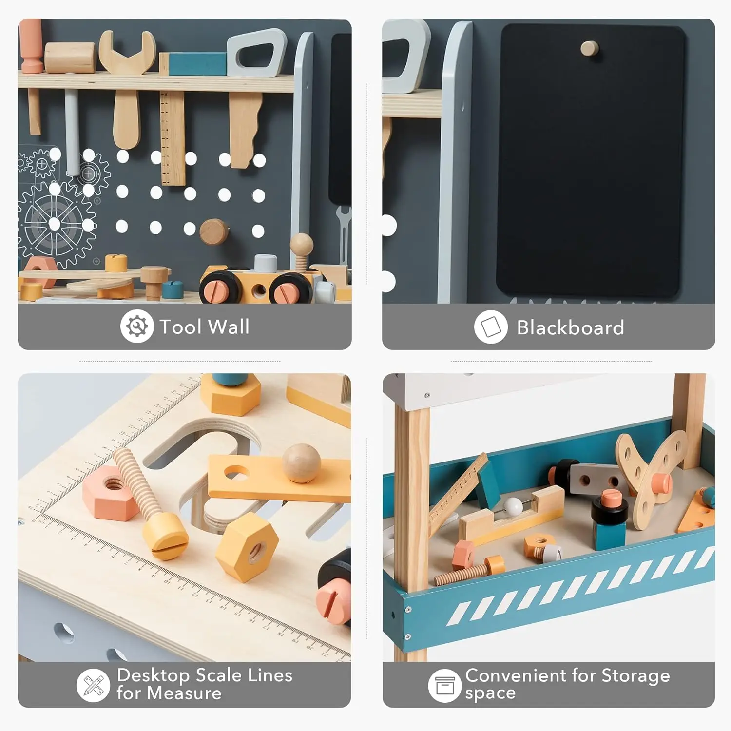 Robotime キッズツールベンチ 木製おもちゃツールベンチ 本物そっくりのツールと電動ドリル付き 子供向けごっこ遊び学習 ブルー