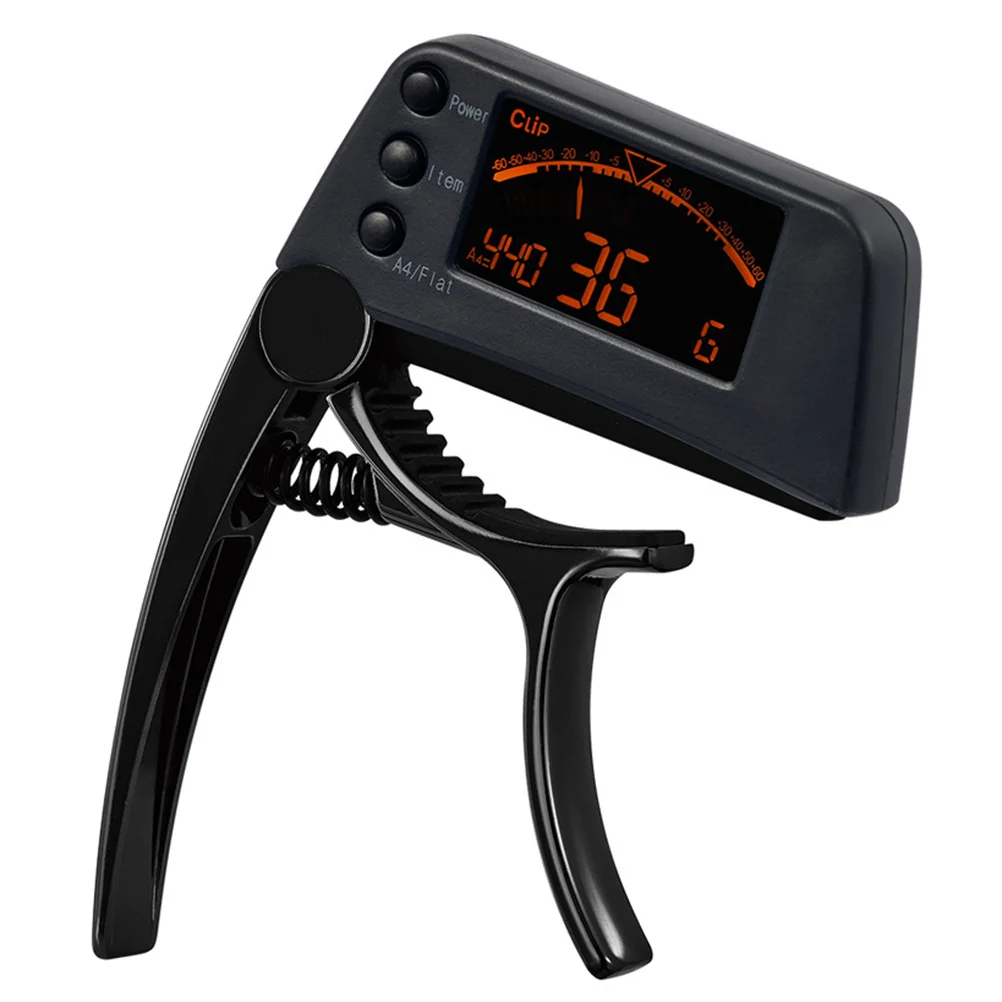

2-in- Electric Guitar Tuner Capo Clip-on Acoustic Bass Instrument Tuner for Guitar Ukulele Banjo Black