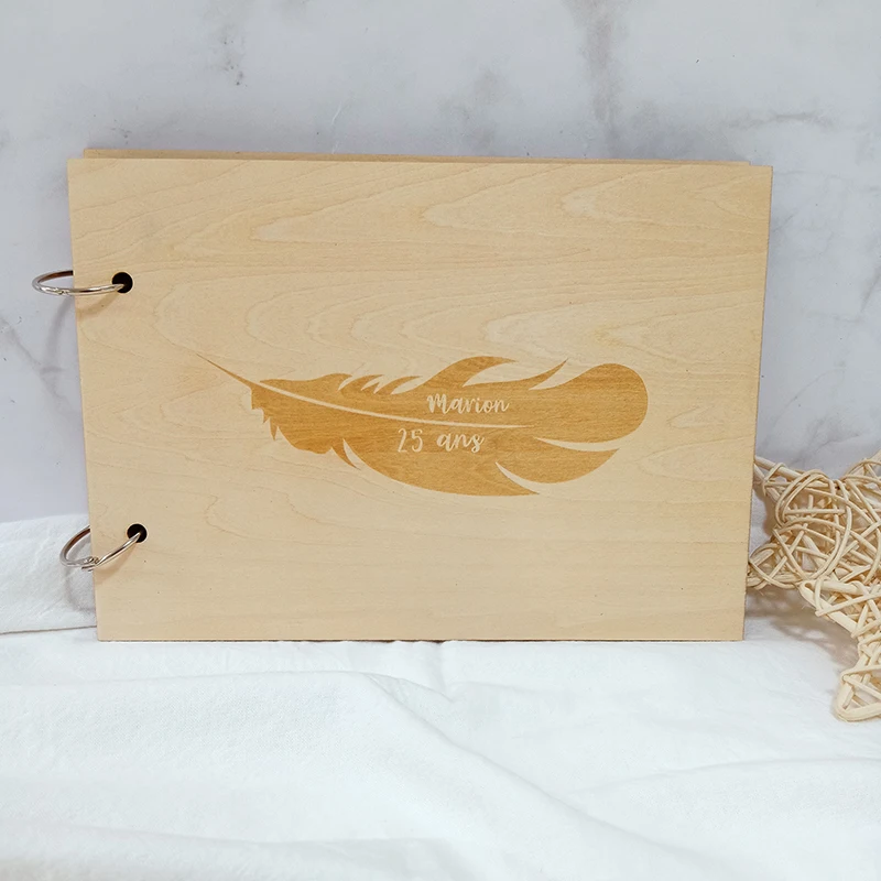 

Custom Wooden Wedding Guest Book Rustic Wedding Album Laser Engraved Name And Date Feather Guestbook Wedding Guest Sign-in Book