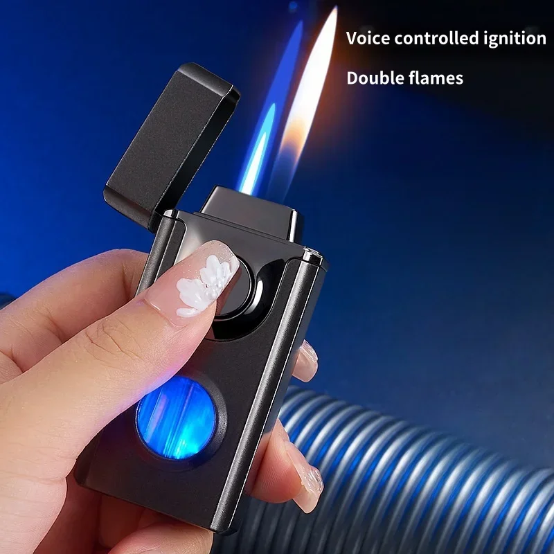 Intelligent Voice Controlled Dual Fire Butane Gas Lighter 4 Ignition Modes Blue Light Visible Gas Window USB Electric Lighters