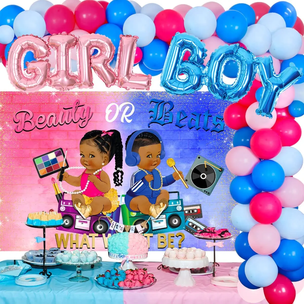 

Beauty or Beats Gender Reveal Decor Blue and Pink Backdrop Balloon Garland Kit for Hip Hop Retro 80s 90s Baby Shower Supplies