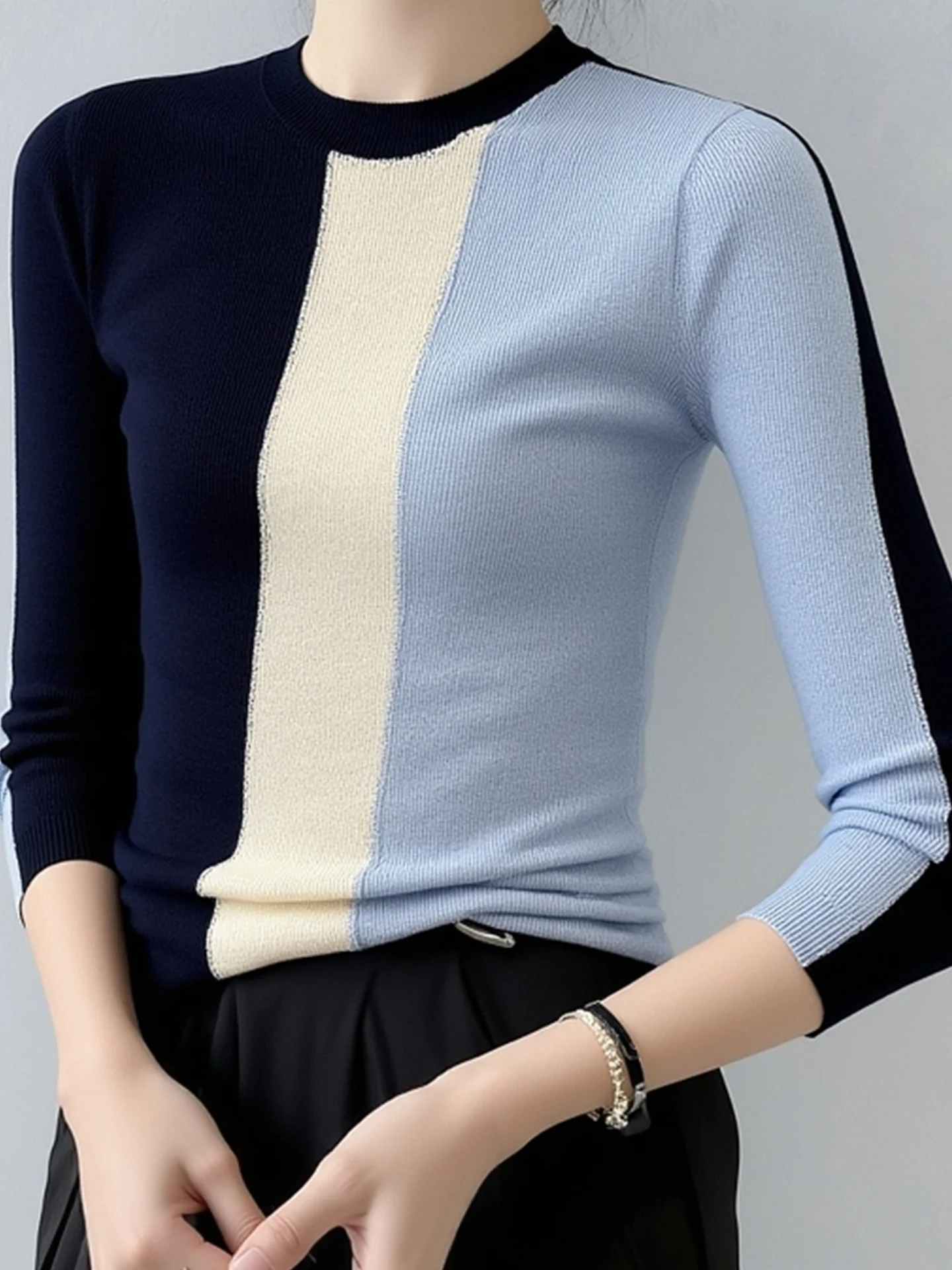 Dopasowana długa dzianina damska, modny design, zimowa warstwa bazowa, kolorowe łączenia, top do pracy, styl koreański...