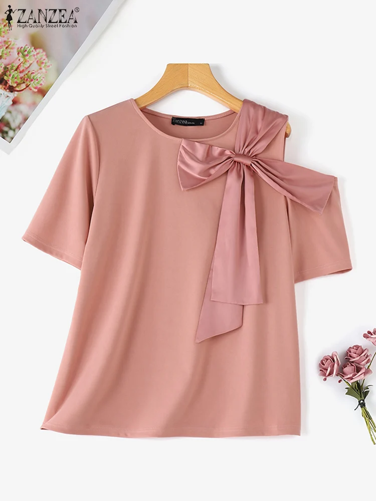 ZANZEA Women Cold Shoulder Tops 2024 Summer Short Sleeve Tunics Korean Fashion Bowtie Patchwork Shirts Casual Loose Solid Blouse