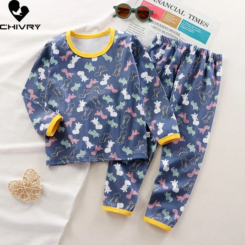 

New Kids Pajamas Boys Girls Cartoon Print Long Sleeve Cute T-Shirt Tops with Pants Pyjamas Toddler Baby Autumn Sleeping Clothes