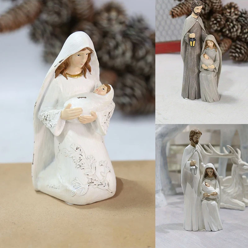 1PC Resin Craft Christmas Scene Religious Thanksgiving Christmas Ornament Retro Holy Family Figurine Statue Religious Home Decor