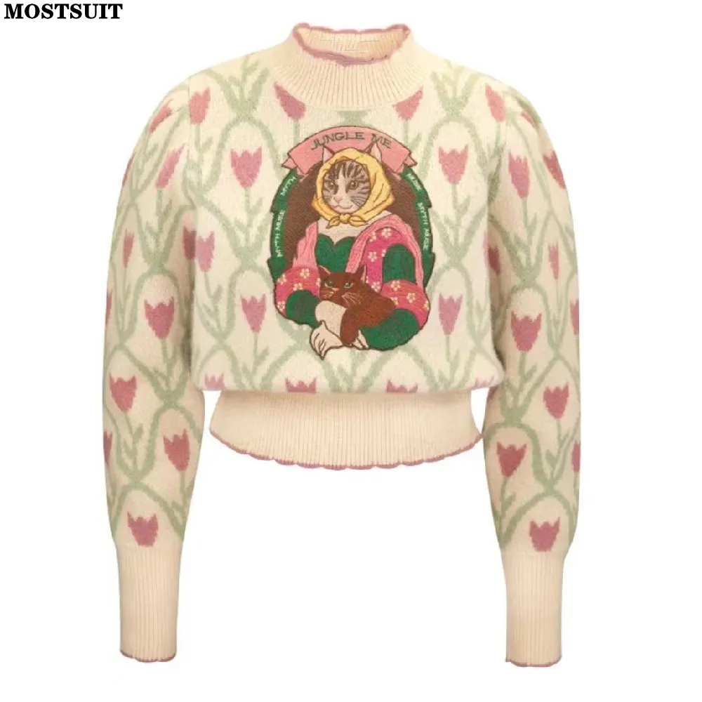 Tulip Jacquard Cartoon Embroidered Sweater For Women Vintage Elegant Stylish Chic Tops 2024 Winter Turtleneck Long Sleeve Jumper