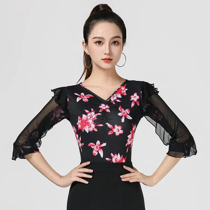 

Line Dance Clothing Women Latin Dance Top Party Dresses Practice Ballroom Training Clothes Printing Shirt Modern Samba Dancewear