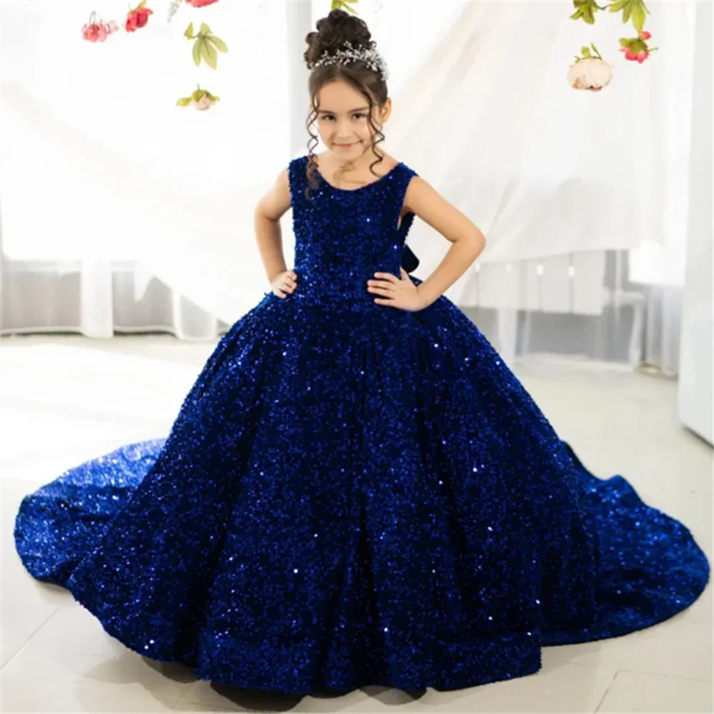 Burgundy Flower Girl Dresses Sequin With Bow And Trailing Sleeveless For Wedding Prom Birthday Party Banquet Princess Gowns