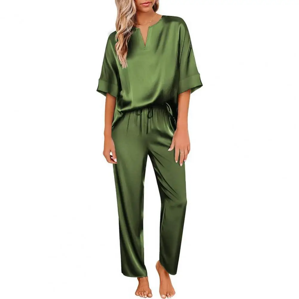 Women Satin Pajamas Stylish Women's Sportswear Set Satin V Neck Top Elastic Waist Trousers Outfit for Fall Wide-leg Trousers Set