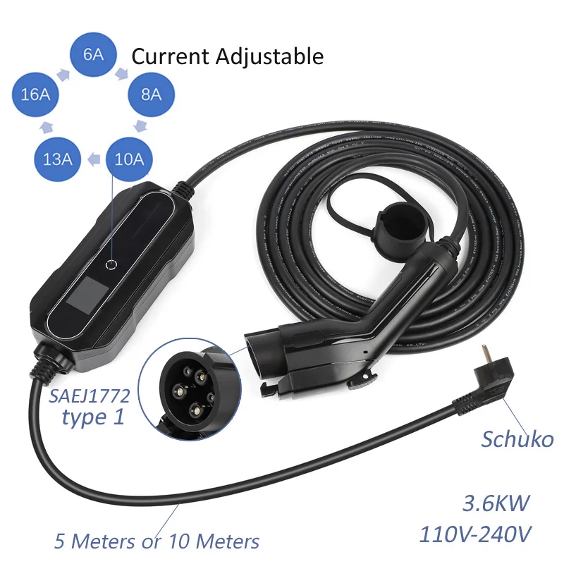 Oplader voor elektrische auto Type 2 Type 1 Modus 2 Niveau 2 Draagbare EVSE EV-autolaadkabel 6A-16A-32A 5 meter 10 meter 15 meter