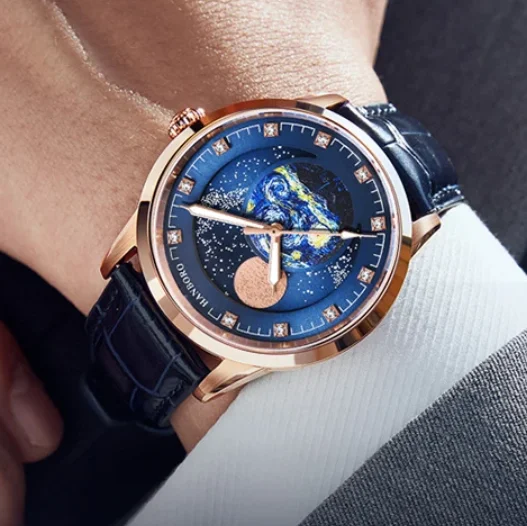 

HANBORO Мужские автоматические часы Роскошные 42 мм Механические наручные часы с фазой Луны 50 м Водонепроницаемые светящиеся сапфировое зеркало