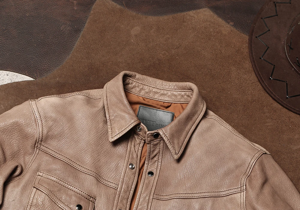 American Vintage RL Leather Shirt Washed Distressed Goatskin Leather Jacket Spring and Autumn Lapel Slim Fit Leather Shirt