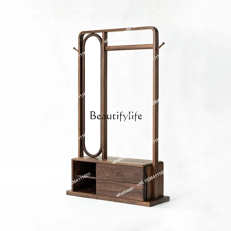 

yj5Black Walnut Wood Cloth Hanger Drawer Hat Frame Dressing Mirror Floor Shoe Cabinet Shoe Changing Stool
