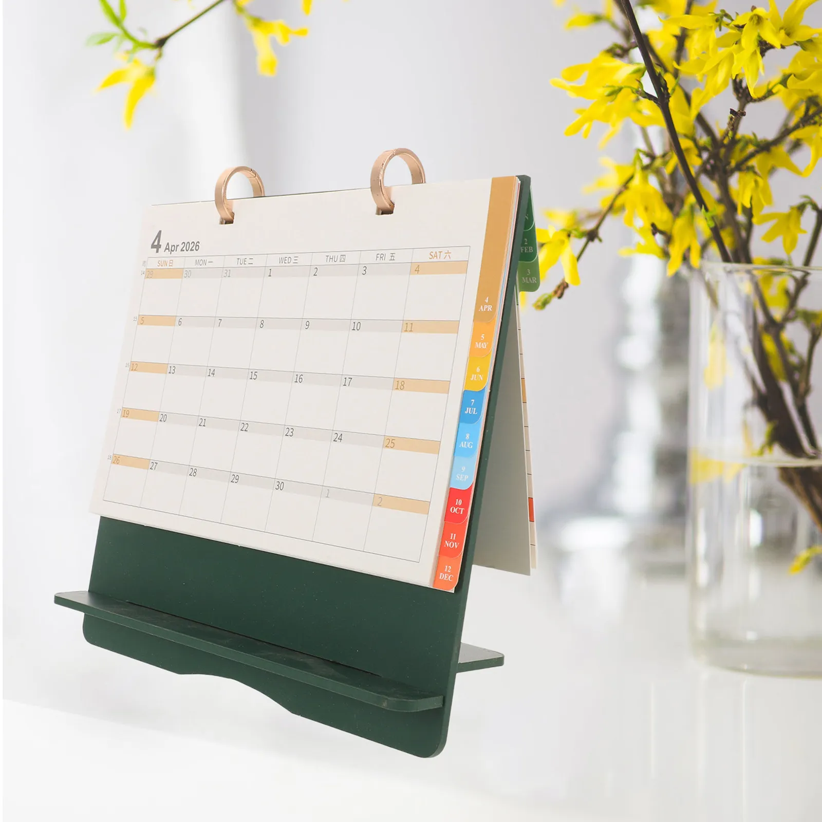 

Wooden Desk Calendar 2026 Flip Style Desktop Standing Planner with Memo Function Yearly Monthly Schedule Tracker Green