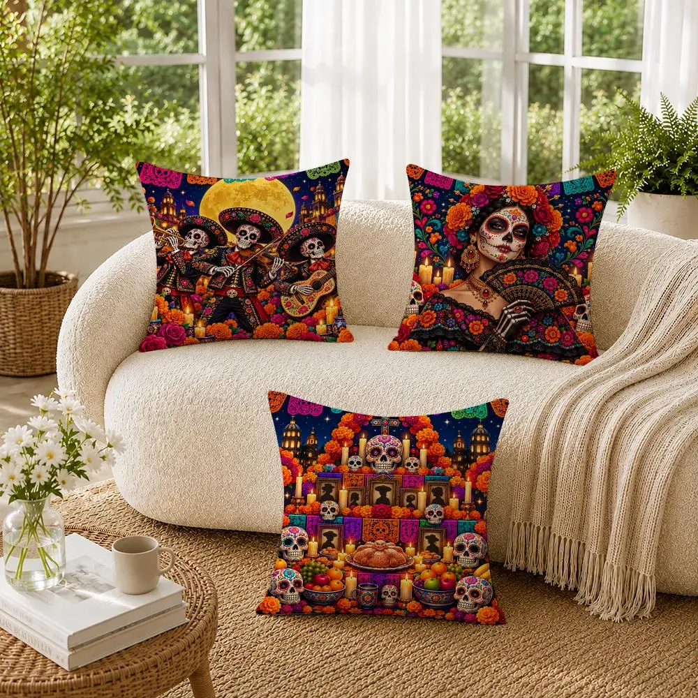 Mexico Day Of The Dead Cushion Cover Soft Short Plush Pillow Cases Hidden Zipper Cutecore Sofa Bedroom Home Decor Gift