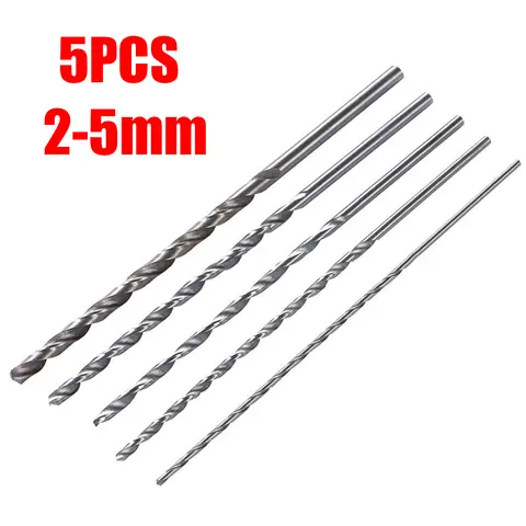 5pcs 2-5mm HSS Extra Long Straight Drill Bits Set Shank Twist Drill Bits For Drilling Wood Plastic Aluminum Alloy Drilling Tool