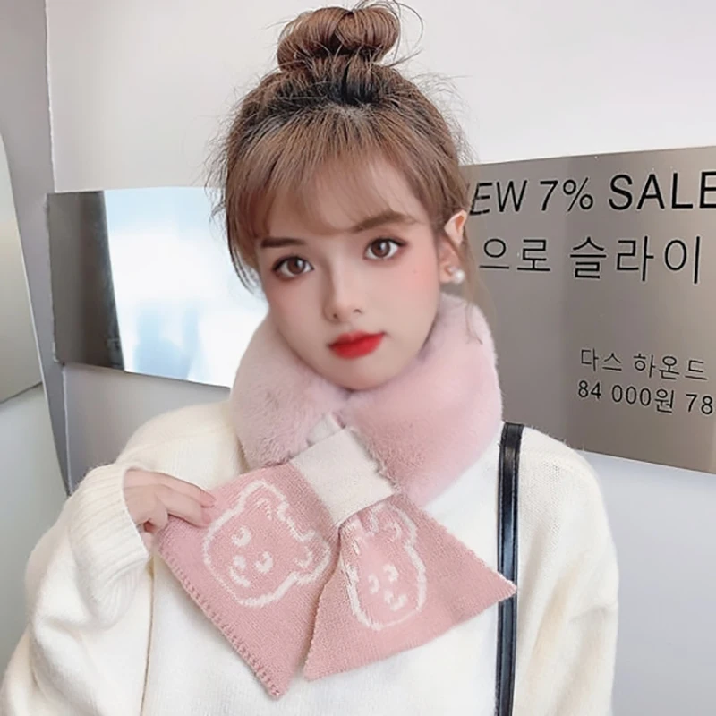 

Winter Scarf for Women Korean Plush Scarf Solid Color + Cute Bear Cross Warm Imitation Rex Rabbit Fur Collar Scarf Keep Warm