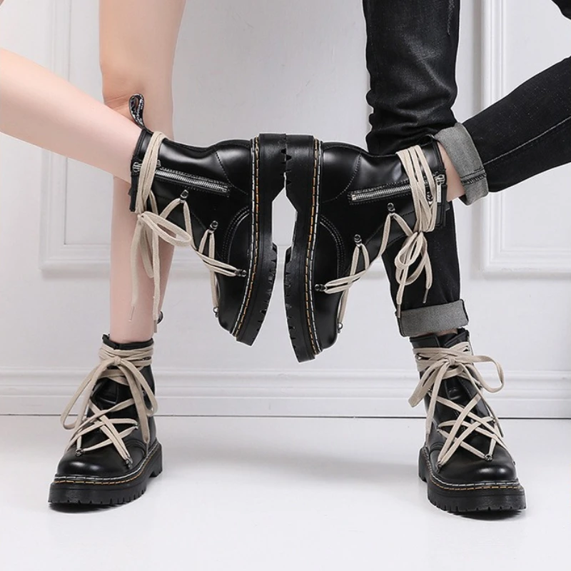 

RO Trendy Shoes Short Mid Length Boots Men's And Women's Thick Soled Pentagram Strap British Style Round Toe PU Leather