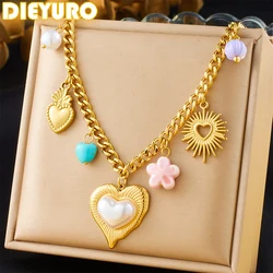 DIEYURO 316L Stainless Steel Turquoise Pink Flower Heart Pearl Pendant Necklace For Womens New Fashion Neck Chain Jewelry Gift