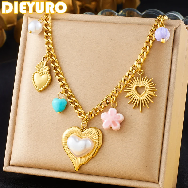 DIEYURO 316L Stainless Steel Turquoise Pink Flower Heart Pearl Pendant Necklace For Womens New Fashion Neck Chain Jewelry Gift