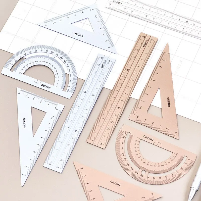 4 in 1 Deli Metal Ruler Stationery Set Aluminum Alloy Multifunctional Combination Ruler Triangle Protractor Alloy Drawing