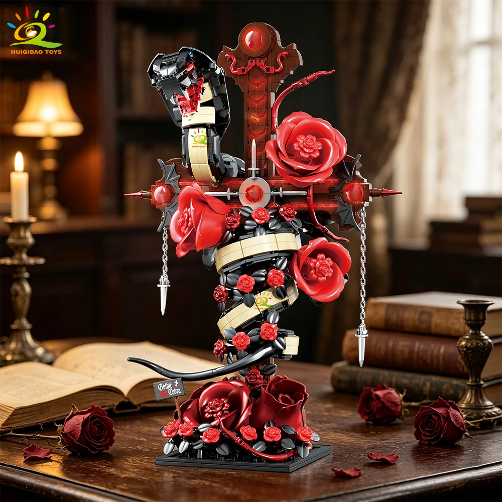 HUIQIBAO Gothic Snake Red Rose Cross Building Blocks Set DIY Artificial Flower Desktop Ornament Bricks Model Assembly Toy Hallow