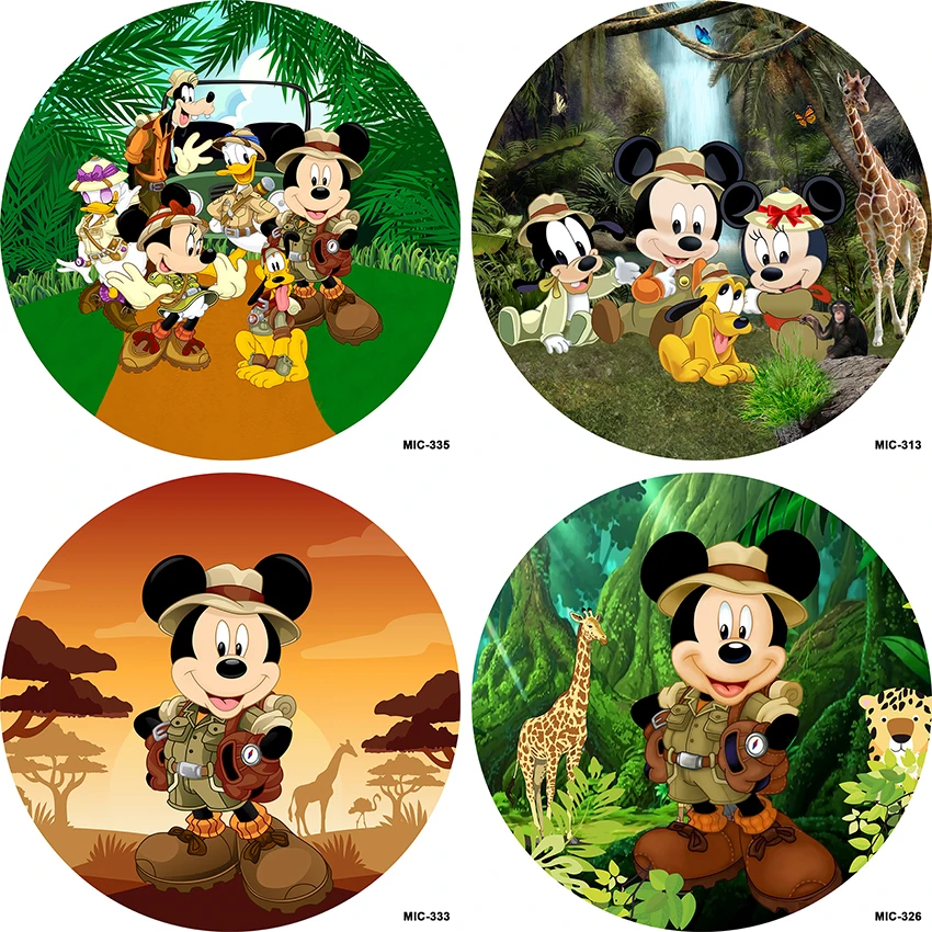 Disney Birthday Circle Backdrop Tropical Jungle Forest Wild Animal Safari Mickey Mouse Party Round Background Newborn Covers