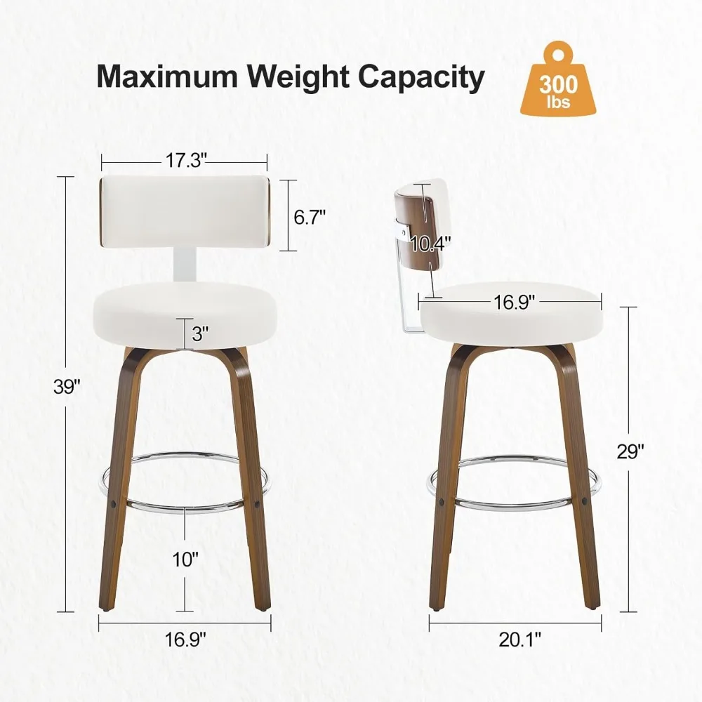 Swivel Bar Height Bar Stools Set of 3, Faux Leather Kitchen Stools Upholstered Barstools with Back, Walnut Wood Legs