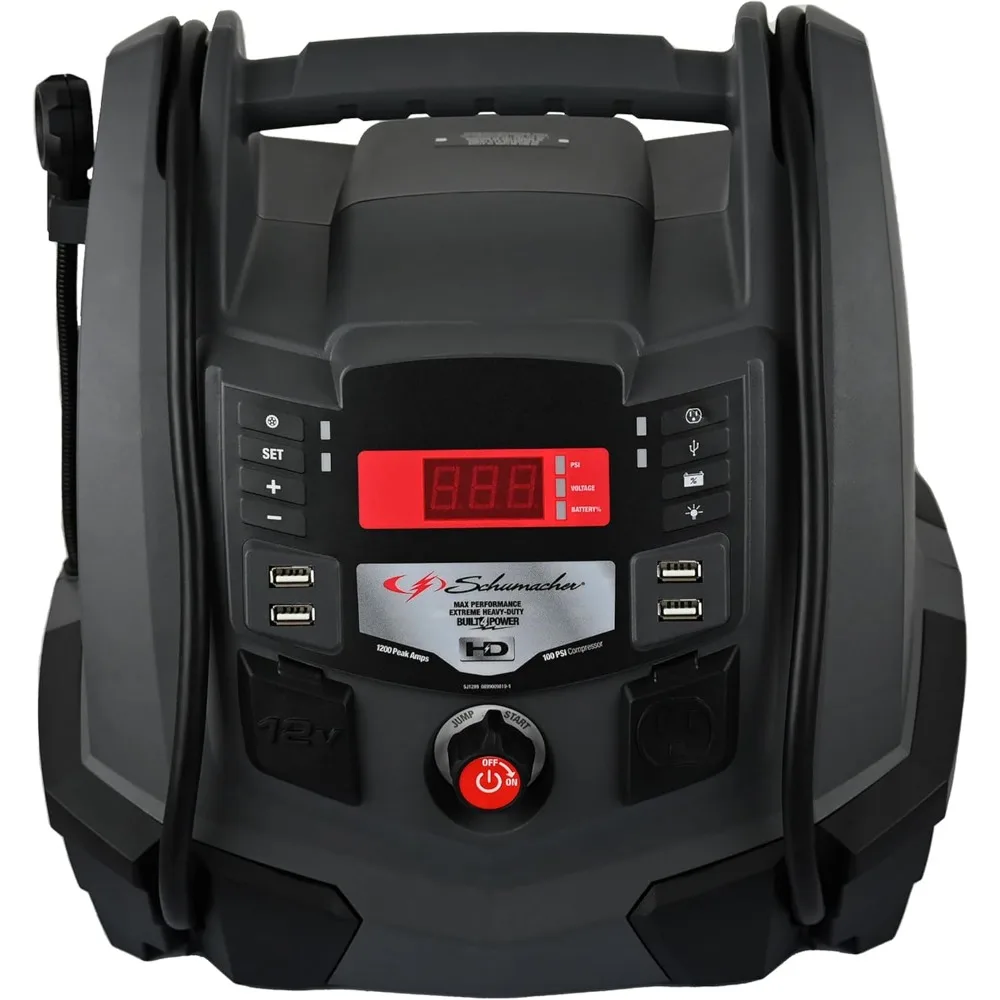 オールインワン ジャンプスターターとポータブル電源、1200ピークアンペア、12V、100PSIエアコンプレッサー