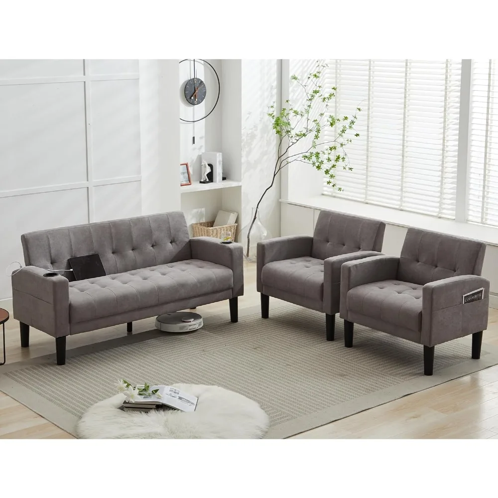 

Sofa Couch, Living Room Furniture Sectional Sofa Sets 3 Pcs, Tufted Mid-Century Loveseat w/USB, Cupholders & Comfy Single Sofa