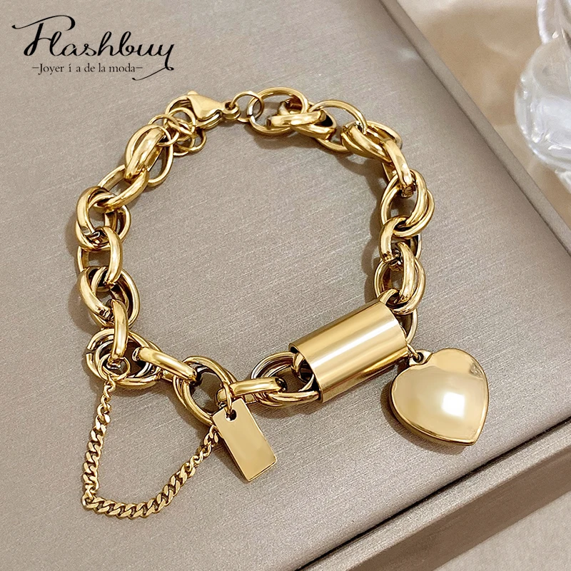 Pulseras gruesas Punk de acero inoxidable para mujer, cadena gruesa de Color dorado, diseño de moda, colgante de corazón y amor, regalo de joyería