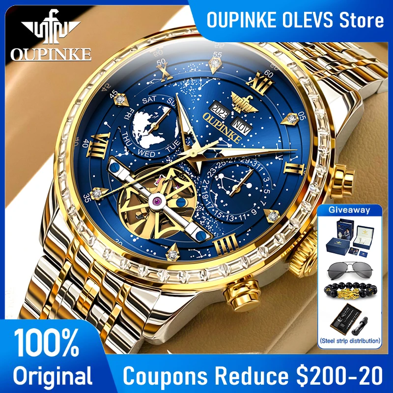 OUPINKE 3255 reloj para hombre Tourbillon de negocios de lujo reloj mecánico automático 50M reloj impermeable esfera de cielo estrellado regalo gratis