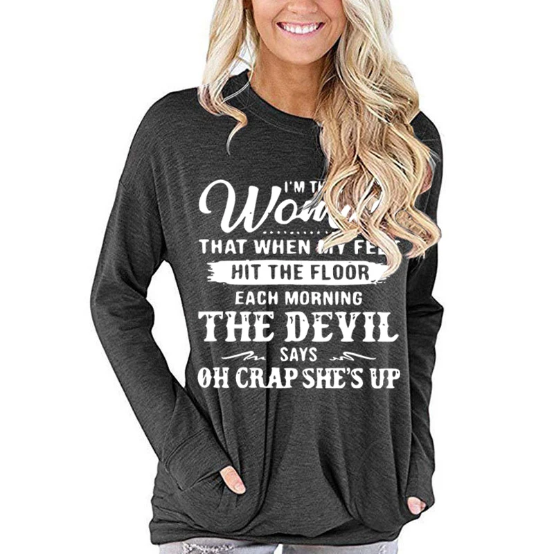 Women Humorous Quote Fashion Shirt  Women The Devil Print Graphics Funny Long Sleeve Tee Harajuku Letter Casual Ladies Tshirt