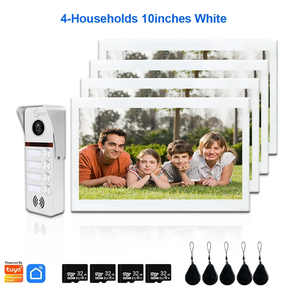 Anjello Tuya Intelligent 4-unit Video Access Control Machine, Wifi Intercom, 10-inch Touch Screen, Independent Buttons