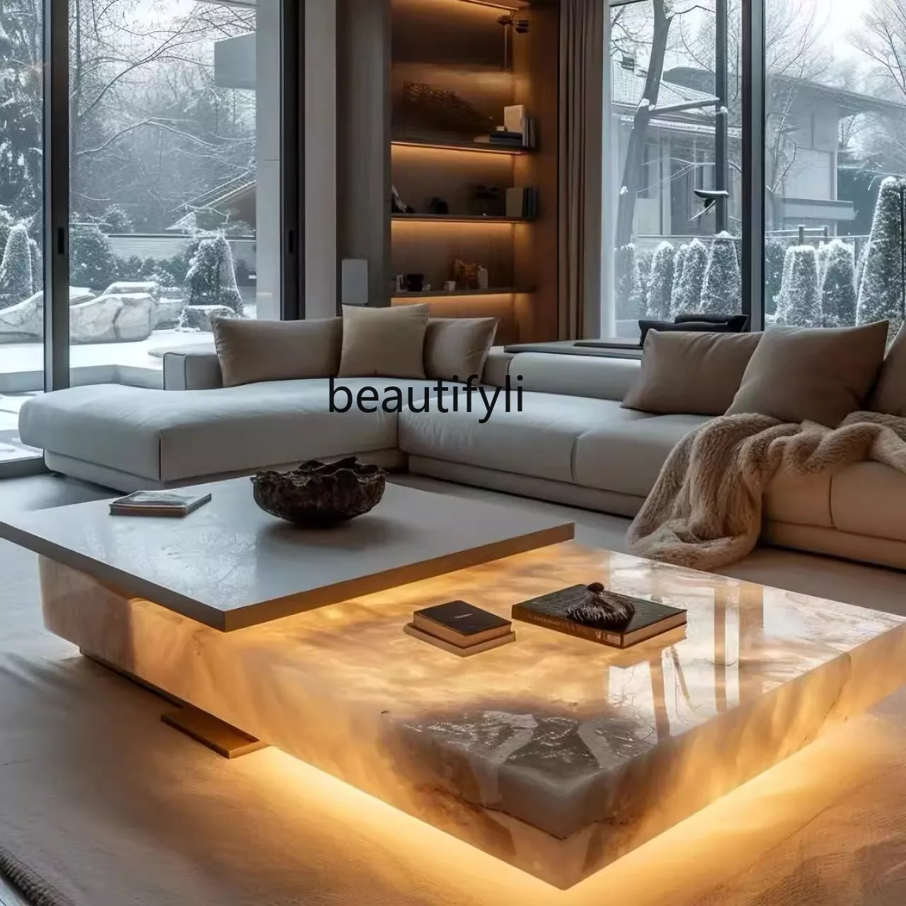 Jade coffee table natural luxury stone square light luxury high-end living room marble luminous coffee table