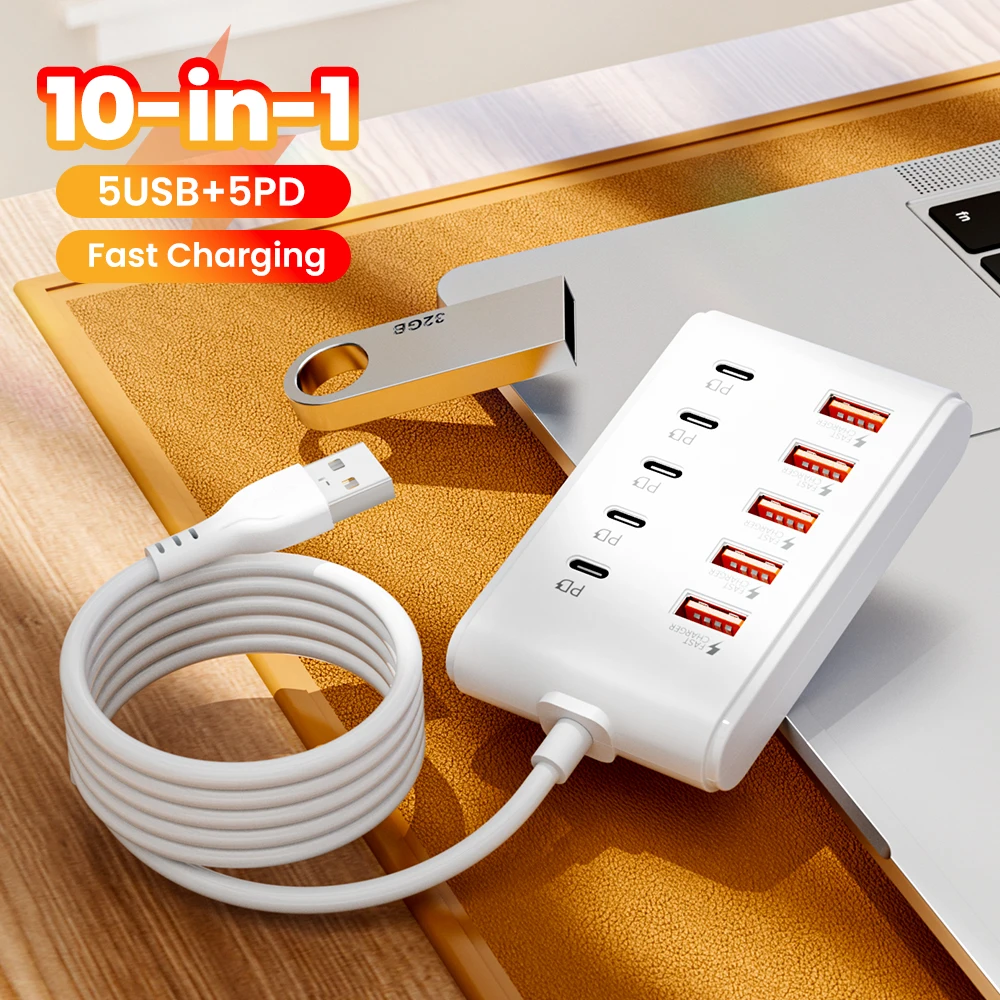 Cargador USB Elough de 10 puertos, 5USB+5PD, cargador de pared multipuerto USB tipo C con cable de 1M para Samsung Xiaomi Huawei