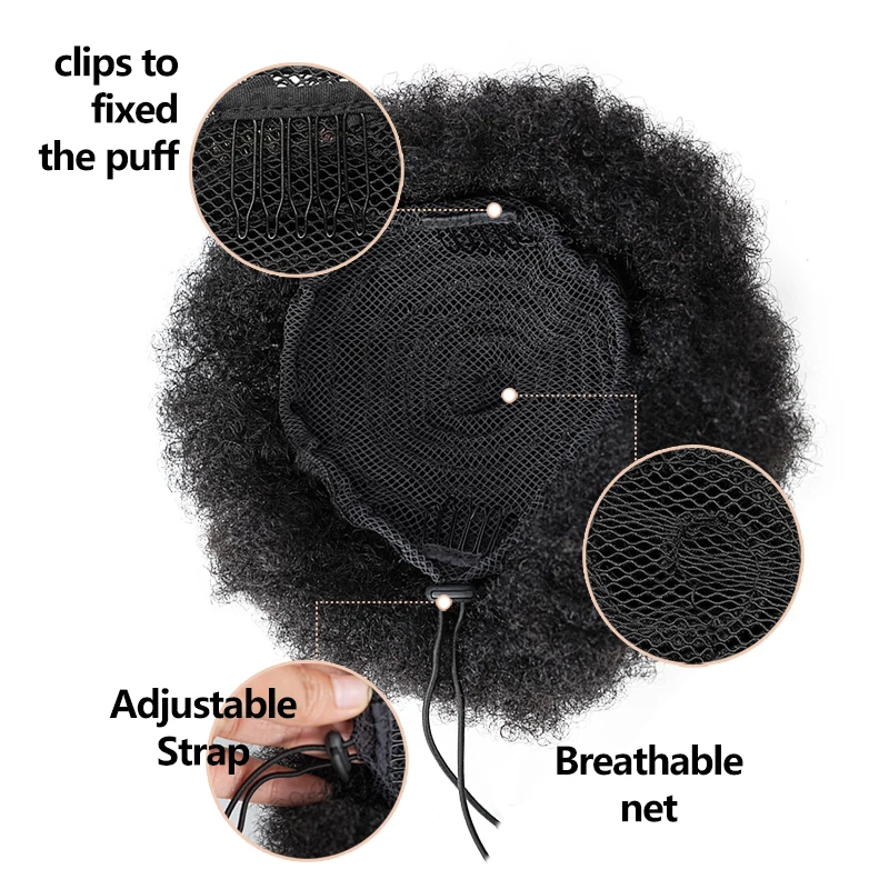 8인치 아프로 퍼프 드로스트링 포니테일 헤어 번 100% 인모 짧은 곱슬 아프로 킨키 아프로 번 익스텐션 헤어피스