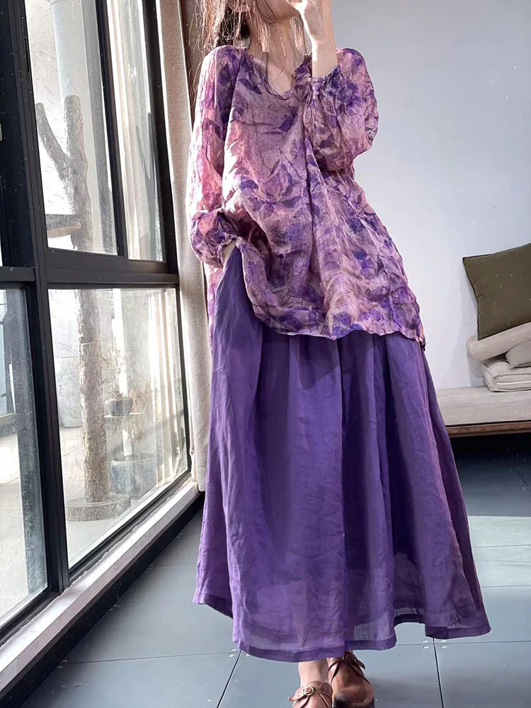 Conjunto de Dos Piezas de Falda Midi y Csa de Lino y Aodón Estampado, Estilo Dulce, Hoado, Manga Larga, Cuello Redondo...