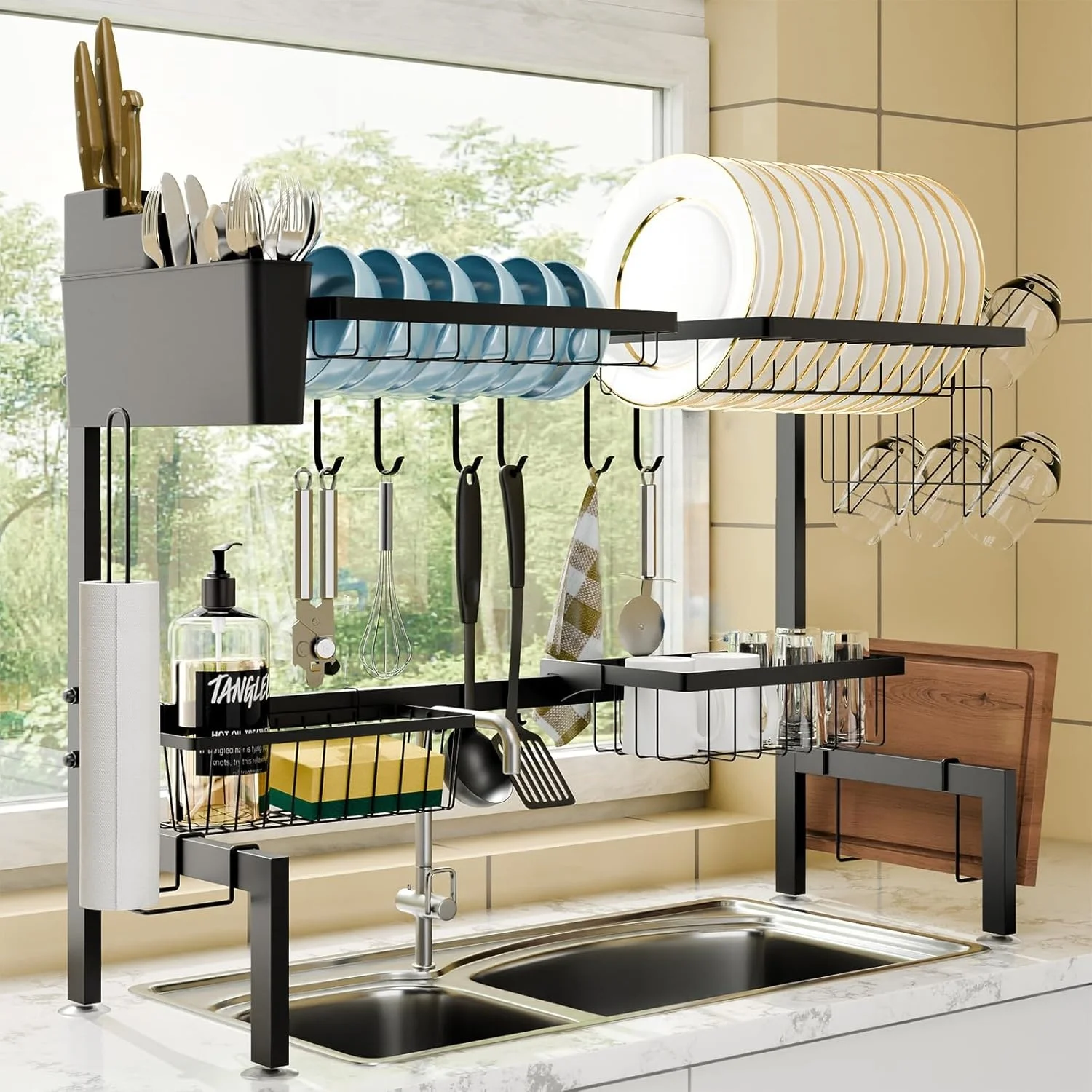 

Over The Sink Dish Drainer Drying Rack Large Dish Drying Rack, Extendable Capacity Sink Rack with 4 Baskets, for Saving Space